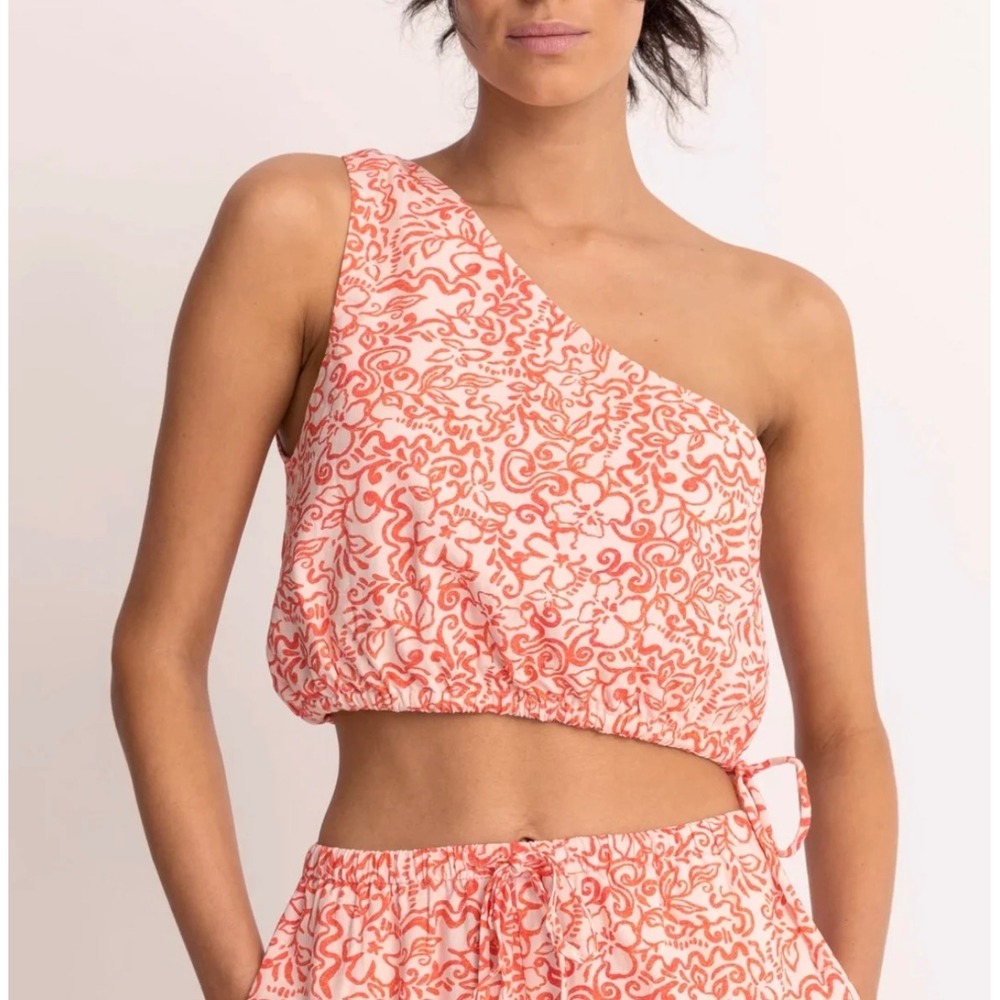 Rhythm Islander Floral One Shoulder Top Coral White Crop Women's Size
M, NWT